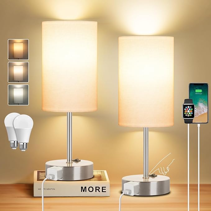 ZJOJO Bedside Lamps with AC Port, Table Lamp for Bedroom 3 Way Dimmable Nightstand Lamp Set of 2 with Round Flaxen Fabric Shade for Living Room, Dorm, Home Office - LeafyLoom