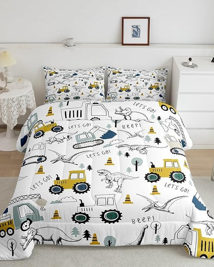Construction Comforter Set Full Size Kids Cartoon Car Excavator Tractor Toddler Comforter Equipment Trucks Dinosaur Comforter Set Construction Vehicles White Yellow Duvet Set Quilt Set - LeafyLoom