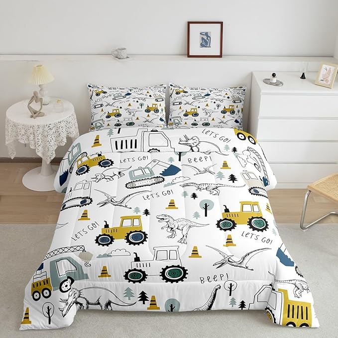 Construction Comforter Set Full Size Kids Cartoon Car Excavator Tractor Toddler Comforter Equipment Trucks Dinosaur Comforter Set Construction Vehicles White Yellow Duvet Set Quilt Set - LeafyLoom