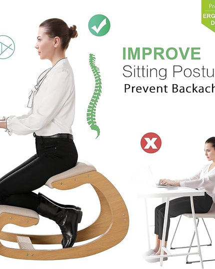 Predawn Ergonomic Kneeling Chair,Rocking Knee Chair Upright Posture Chair for Home Office Meditation Wooden & Linen Cushion-Office Chair for Back Neck Pain Relief & Improving Posture (White Oak) - LeafyLoom