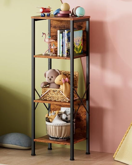 Furologee 4 Tier Small Bookshelf with Back, Short Narrow Bookcase with Shelves, Industrial Freestanding Shelf Units, Metal and Wooden Display Storage Rack for Bedroom, Living Room, Office, Entryway - LeafyLoom