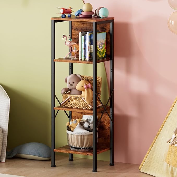 Furologee 4 Tier Small Bookshelf with Back, Short Narrow Bookcase with Shelves, Industrial Freestanding Shelf Units, Metal and Wooden Display Storage Rack for Bedroom, Living Room, Office, Entryway - LeafyLoom