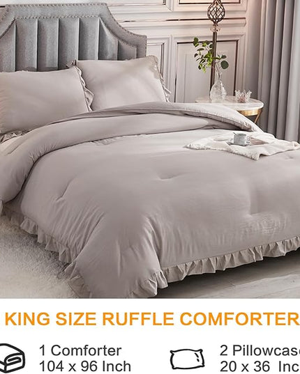 Andency California King Comforter Set Wheat (104x96Inch), 3 Pieces Cal King Ruffle Comforter, Oversized Farmhouse Shabby Chic Bed Comforter, Lighteweight and Soft Microfiber Bedding Set - LeafyLoom