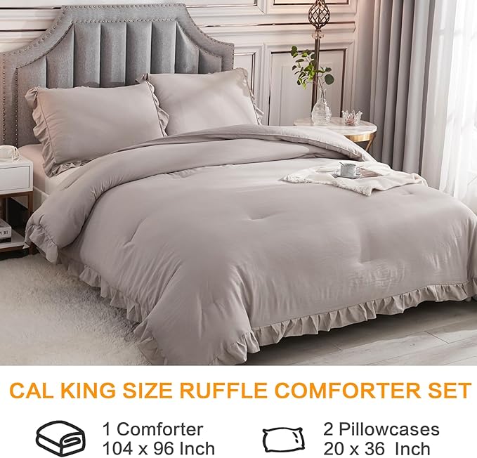 Andency California King Comforter Set Wheat (104x96Inch), 3 Pieces Cal King Ruffle Comforter, Oversized Farmhouse Shabby Chic Bed Comforter, Lighteweight and Soft Microfiber Bedding Set - LeafyLoom