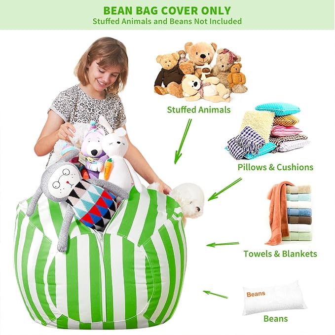Aubliss Stuffed Animal Bean Bag Storage Chair, Beanbag Covers Only for Organizing Plush Toys, Turns into Bean Bag Seat for Kids When Filled, Medium 32"-Canvas Stripes Green/White - LeafyLoom