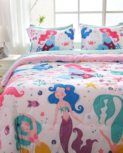 Wajade Kids Mermaids Comforter Set Bed in A Bag Twin Size 7 Piece Colorful 3D Cartoon Mermaids Bedding Set for Girls (1 Comforter, 1 Flat Sheet, 1 Fitted Sheet, 2 Pillowcase and 2 Pillow Sham) - LeafyLoom