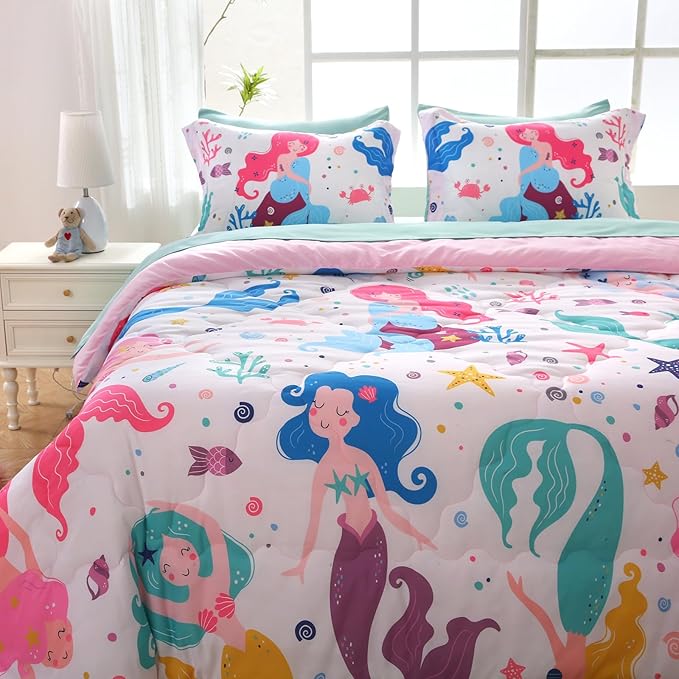 Wajade Kids Mermaids Comforter Set Bed in A Bag Twin Size 7 Piece Colorful 3D Cartoon Mermaids Bedding Set for Girls (1 Comforter, 1 Flat Sheet, 1 Fitted Sheet, 2 Pillowcase and 2 Pillow Sham) - LeafyLoom