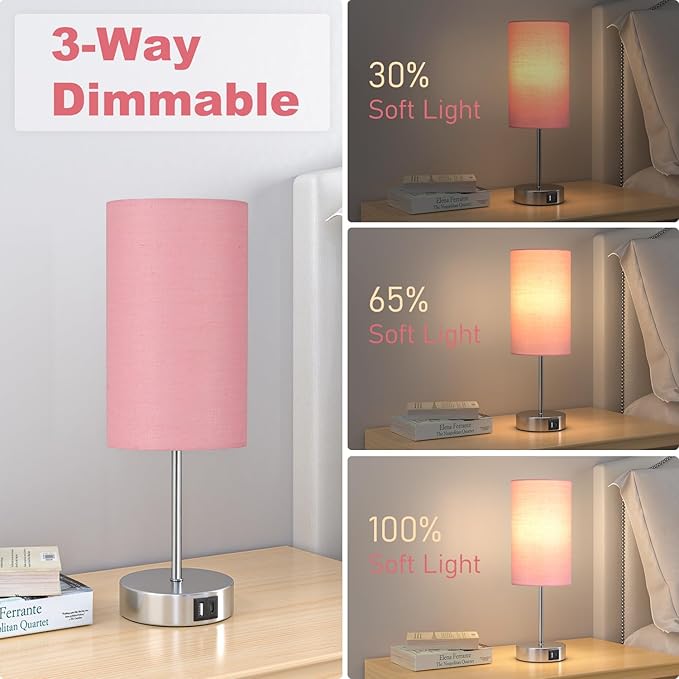 AKASUKI Table Lamp for Bedroom, 3 Way Dimmable Touch Lamp with Dual Charging Station, Small Bedside Lamps for Night Stands, Living Room, Office(LED Bulb Included) - LeafyLoom