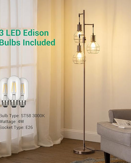 EDISHINE Dimmable Industrial Floor Lamp, Farmhouse Standing Lamp for Living Room, Bedroom, 3 LED Edsion Bulbs Included, Rotary Switch, 65in Rustic Tree Reading Lamps for Study Room, Office - Brown - LeafyLoom