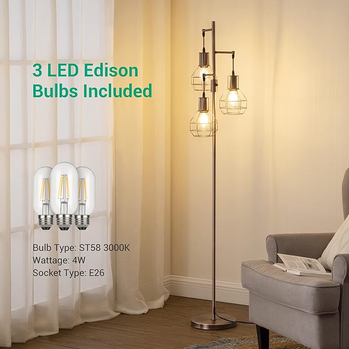 EDISHINE Dimmable Industrial Floor Lamp, Farmhouse Standing Lamp for Living Room, Bedroom, 3 LED Edsion Bulbs Included, Rotary Switch, 65in Rustic Tree Reading Lamps for Study Room, Office - Brown - LeafyLoom
