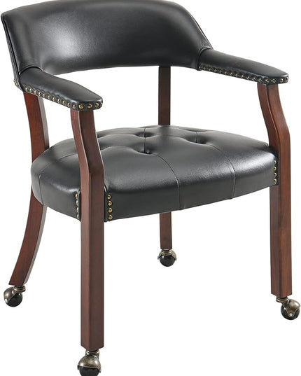 Large Dining Chairs with Casters and Arms, Rolling Dining Chairs with Wheels, Accent Game Chairs Boss Caption's Chairs, 26" D x 25.2" W x 31.5" H, Cherry Legs & Black SY-1533-BK - LeafyLoom
