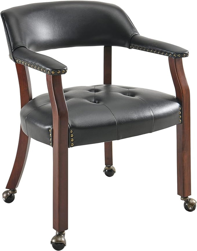 Large Dining Chairs with Casters and Arms, Rolling Dining Chairs with Wheels, Accent Game Chairs Boss Caption's Chairs, 26" D x 25.2" W x 31.5" H, Cherry Legs & Black SY-1533-BK - LeafyLoom