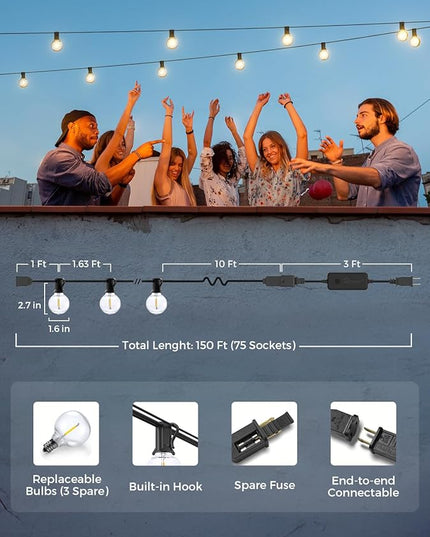 XMCOSY+ Smart Outdoor String Lights, 150Ft G40 Globe Patio Lights with 75 LED Bulbs, WiFi & APP Control, Work with Alexa, Extendable Waterproof Dimmable LED String Lights for Outside, Porch, Cafe XMcosy