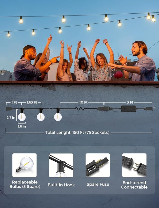 XMCOSY+ Smart Outdoor String Lights, 150Ft G40 Globe Patio Lights with 75 LED Bulbs, WiFi & APP Control, Work with Alexa, Extendable Waterproof Dimmable LED String Lights for Outside, Porch, Cafe XMcosy