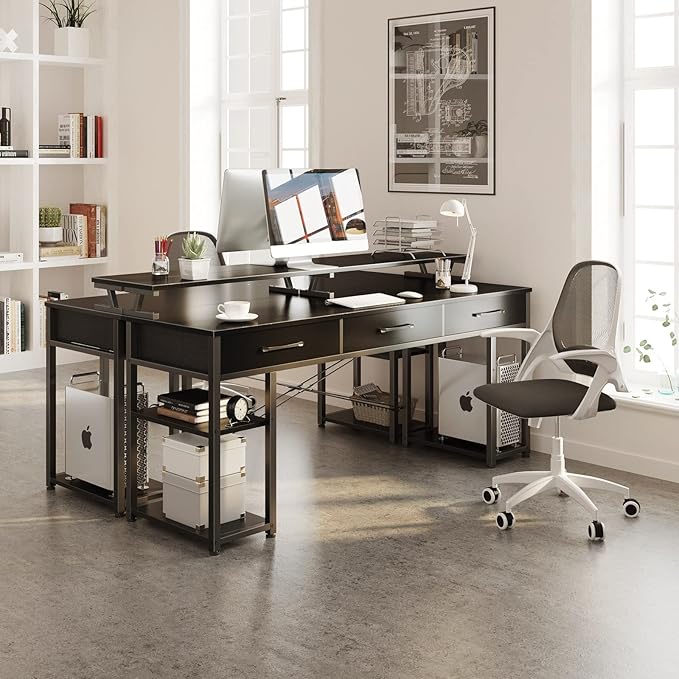 ODK Computer Desk with Drawers and Storage Shelves, 63 inch Home Office desk with Monitor Stand, Modern Work Study writing table Desk for Small Spaces, Black - LeafyLoom
