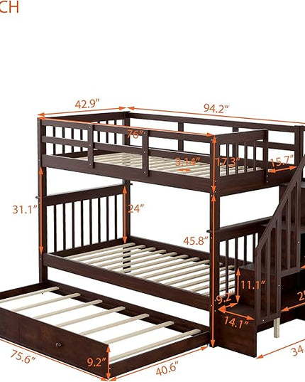 Bunk Bed with Stairs Storage, Twin Over Twin Size, Wooden Stairway Bunkbeds w/Trundle, for Kids Teens Bedroom, Detachable into Two Bedframe, Espresso - LeafyLoom