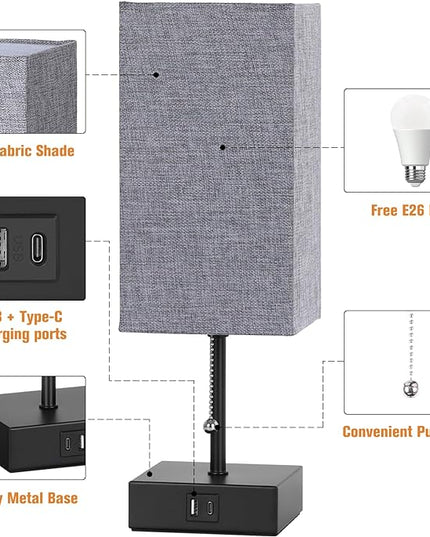 Table Lamp for Bedroom Set of 2, Warm White Bedside Lamps with USB Type C Outlets, Square Pull Chain Nightstand Lamp for Living Room, Office Desk, LED Bulb Included - LeafyLoom