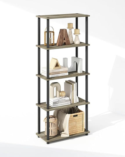 Furinno Turn-N-Tube 5-Tier Multipurpose Compact Display Rack, Shelving Unit, Bookcase, French Oak/Black - LeafyLoom