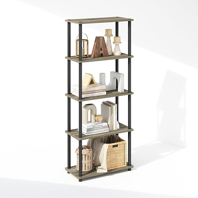 Furinno Turn-N-Tube 5-Tier Multipurpose Compact Display Rack, Shelving Unit, Bookcase, French Oak/Black - LeafyLoom