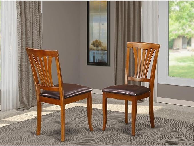 East West Furniture Avon Dining Faux Leather Upholstered Wood Chairs, Set of 2, Saddle Brown - LeafyLoom