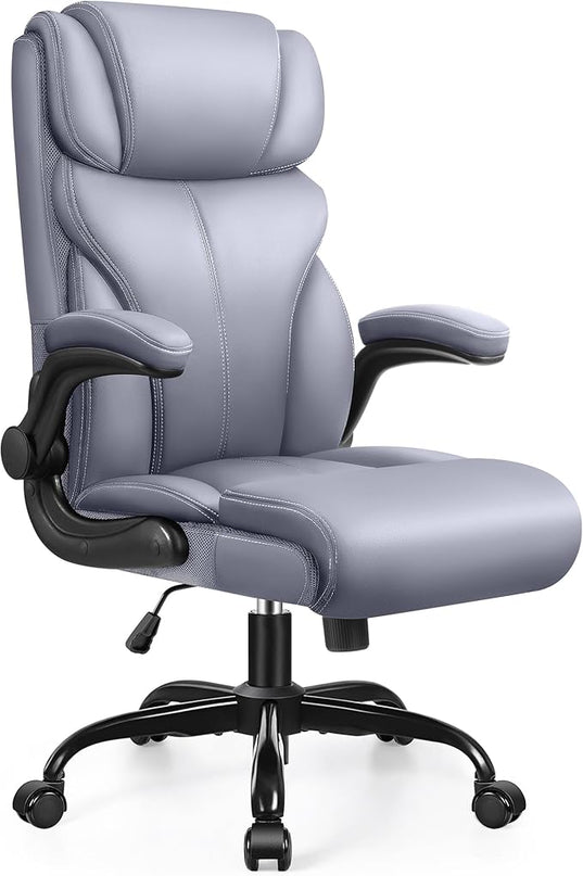 Office Chair, Ergonomic Big and Tall Computer Desk Chairs, Executive Breathable Leather Chair with Adjustable High Back Flip-up Armrests, Lumbar Support Swivel PC Chair with Rocking Function - LeafyLoom