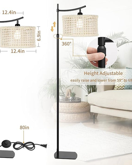 Arc Boho Farmhouse Black Floor Lamp, Standing Lamp with Rattan & Fabric Double Shade with Remote Control, Dimmable LED Bulb with 7 Color Temperature, Tall Pole for Living Room Bedroom Corner Office - LeafyLoom
