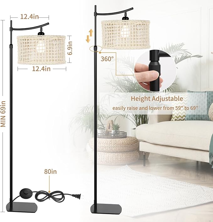 Arc Boho Farmhouse Black Floor Lamp, Standing Lamp with Rattan & Fabric Double Shade with Remote Control, Dimmable LED Bulb with 7 Color Temperature, Tall Pole for Living Room Bedroom Corner Office - LeafyLoom