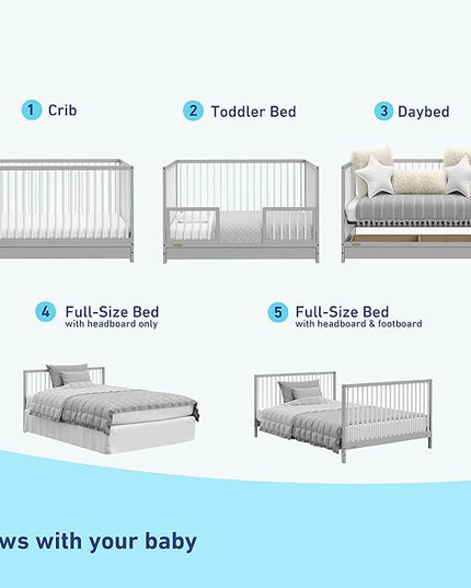 Graco Teddi 5-in-1 Convertible Crib with Drawer (Pebble Gray with White) – GREENGUARD Gold Certified, Crib with Drawer Combo, Full-Size Nursery Storage Drawer, Converts to Toddler Bed - LeafyLoom
