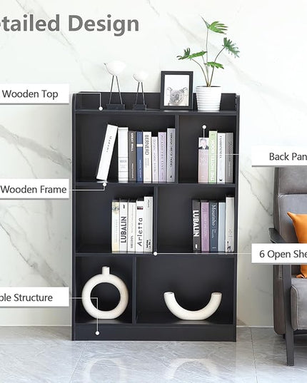 Book Shelf with Back Panel Stability 6 Cube Bookcase Multifunctional Cube Storage Organizer for Bedroom Living Room Office Closet School in Black with 31.49''W - LeafyLoom