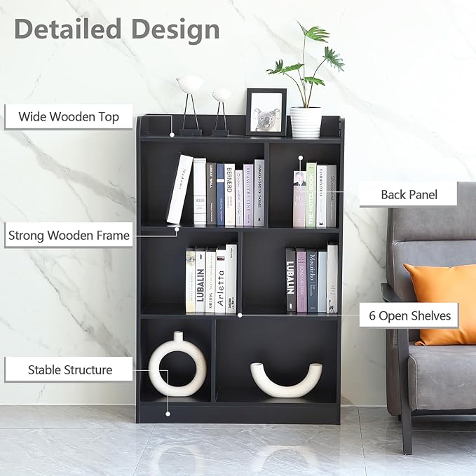 Book Shelf with Back Panel Stability 6 Cube Bookcase Multifunctional Cube Storage Organizer for Bedroom Living Room Office Closet School in Black with 31.49''W - LeafyLoom