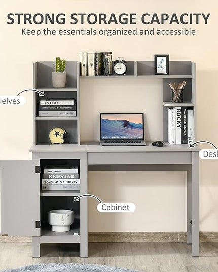 HOMCOM Farmhouse Computer Desk with Hutch and Cabinet, Home office Desk with Storage, for Study, Light Grey - LeafyLoom