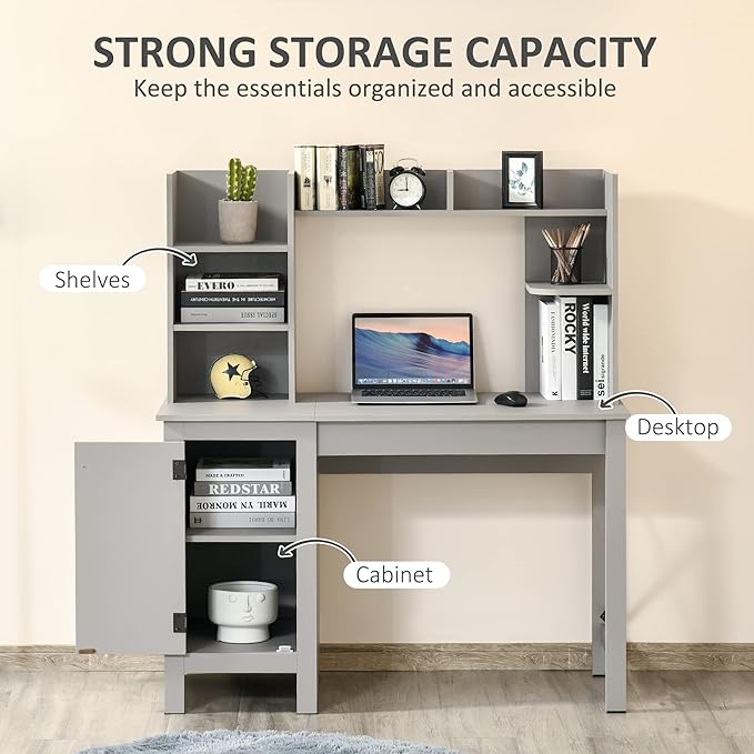 HOMCOM Farmhouse Computer Desk with Hutch and Cabinet, Home office Desk with Storage, for Study, Light Grey - LeafyLoom