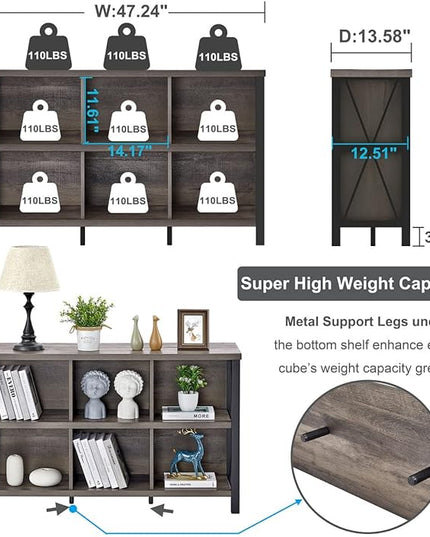 FATORRI Rustic 6 Cube Storage Organizer with Shelf, Wood and Metal Cubby Bookcase, Industrial Horizontal Bookshelf (Walnut Brown, 47 Inch) - LeafyLoom