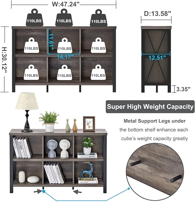 FATORRI Rustic 6 Cube Storage Organizer with Shelf, Wood and Metal Cubby Bookcase, Industrial Horizontal Bookshelf (Walnut Brown, 47 Inch) - LeafyLoom