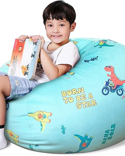 Lukeight Stuffed Animal Storage Bean Bag Chair Cover for Kids, Dinosaur Zipper Beanbag Chair Cover for Organizing Toddler & Kids' Rooms Plush Toys (Dino Blue, Large) - LeafyLoom