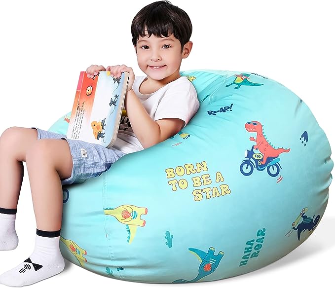 Lukeight Stuffed Animal Storage Bean Bag Chair Cover for Kids, Dinosaur Zipper Beanbag Chair Cover for Organizing Toddler & Kids' Rooms Plush Toys (Dino Blue, Large) - LeafyLoom