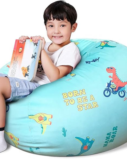 Lukeight Stuffed Animal Storage Bean Bag Chair Cover for Kids, Dinosaur Zipper Beanbag Chair Cover for Organizing Toddler & Kids' Rooms Plush Toys (Dino Blue, X-Large) - LeafyLoom