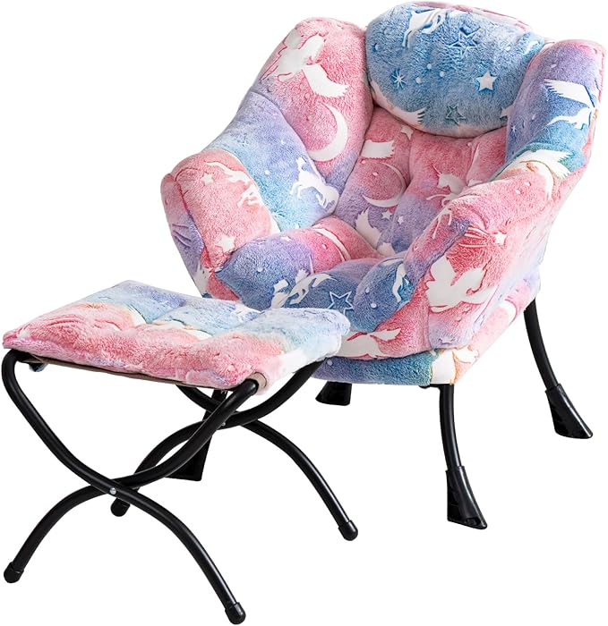 Welnow Toddler Kids Lazy Chair with Ottoman, Glow in The Dark Accent Comfy Lounge Children Armchair Couch with Removable Cover, Detachable Reading Chair with Footrest for Boy or Girl - LeafyLoom