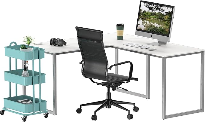 SHW Home Office 55-Inch Large L Shaped Corner Desk, 24" Deep, White - LeafyLoom