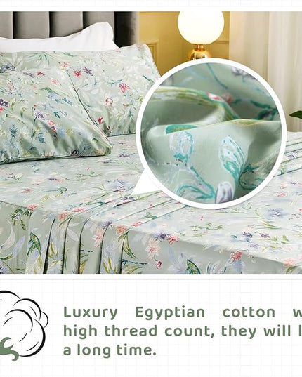 QSH Green Floral Queen Size Sheet Sets - Green Flower Bird Butterfly Print Botanical Bedding Egyptian Cotton Printed Sheets Queen Size Bed Extra Soft and Breathable 17.5" Deep Pockets Bed Sheets 4pcs - LeafyLoom