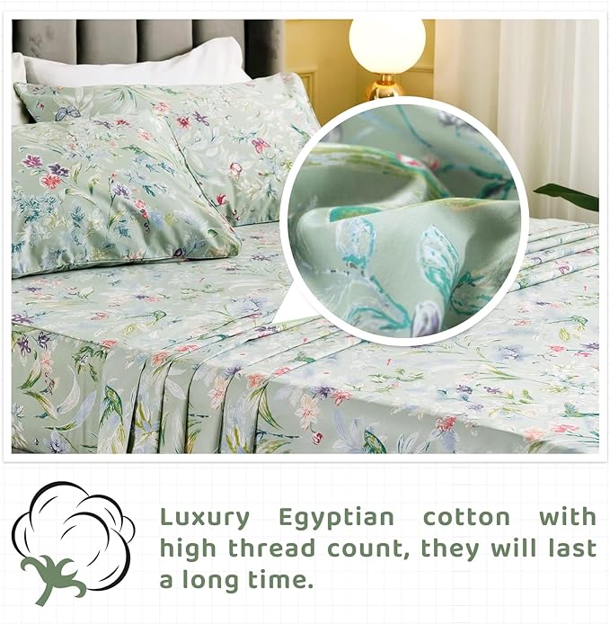 QSH 100% Egyptian Cotton Cal King Sheets, Green Flower Bird Butterfly Pattern Luxury Cotton Printed Flower California King Bedding Sheets, 4pcs Deep Pocket California King Floral Bed Sheet Set - LeafyLoom