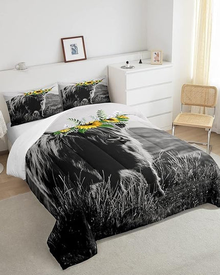Highland Cow Comforter Set King Size for Adult Women Sunflower Cow Print Bedding Farmhouse Decor Wild Animal Cows with Gray Fur Quilted Duvet Decor 3 Pcs Bedding ,1 Duvet Cover + 2 Pillowcases - LeafyLoom