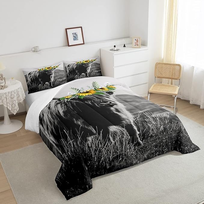 Highland Cow Comforter Set King Size for Adult Women Sunflower Cow Print Bedding Farmhouse Decor Wild Animal Cows with Gray Fur Quilted Duvet Decor 3 Pcs Bedding ,1 Duvet Cover + 2 Pillowcases - LeafyLoom
