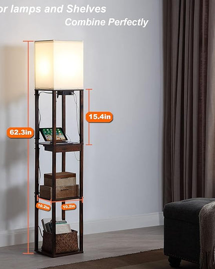 Floor Lamp with Shelves, Shelf Floor Lamps for Living Room with 2 USB Charging Ports 1 Power Outlet and Drawer, Modern Corner Square Display Standing Lamp 4-Tier Tall Bookshelf Lamp for Bedroom - LeafyLoom