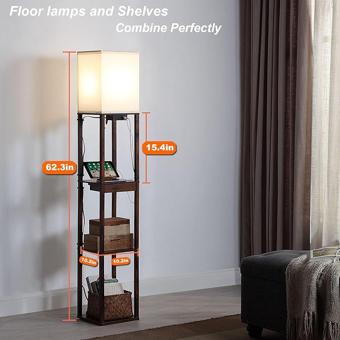 Floor Lamp with Shelves, Shelf Floor Lamps for Living Room with 2 USB Charging Ports 1 Power Outlet and Drawer, Modern Corner Square Display Standing Lamp 4-Tier Tall Bookshelf Lamp for Bedroom - LeafyLoom