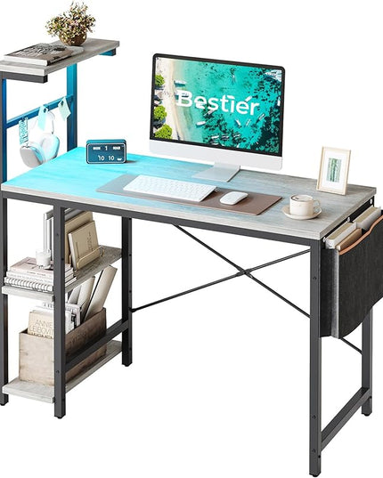 Bestier Computer Desk with 4 Tiers Shelves, Gaming Desk with LED lights, 44 Inch Office Desk with Storage Bag & Printer Shelf (Retro Grey Oak) - LeafyLoom