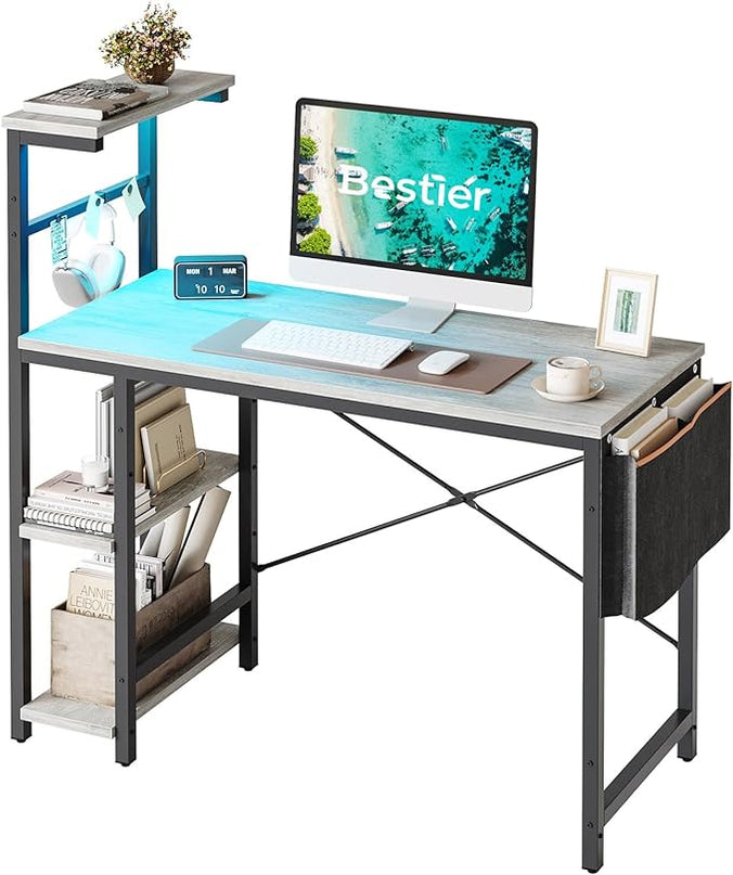 Bestier Computer Desk with 4 Tiers Shelves, Gaming Desk with LED lights, 44 Inch Office Desk with Storage Bag & Printer Shelf (Retro Grey Oak) - LeafyLoom