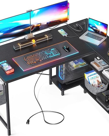ODK 48 Inch Small L Shaped Gaming Computer Desk with Power Outlets, Reversible Storage Shelves & PC Stand for Home Office, Simple Writing Study Table with Storage Bag for Small Space, Black - LeafyLoom