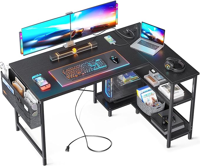 ODK 48 Inch Small L Shaped Gaming Computer Desk with Power Outlets, Reversible Storage Shelves & PC Stand for Home Office, Simple Writing Study Table with Storage Bag for Small Space, Black - LeafyLoom