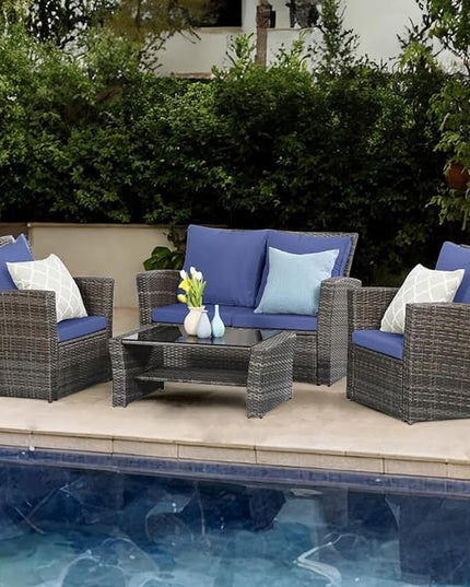 Wisteria Lane 4 Piece Outdoor Patio Furniture Sets, Wicker Conversation Set for Porch Deck, Grey Rattan Sofa Chair with Cushion （Blue - LeafyLoom